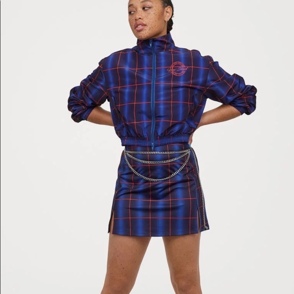 Justin Skye x H&M Dark Blue Checked Cropped Jacket Size Small EUC